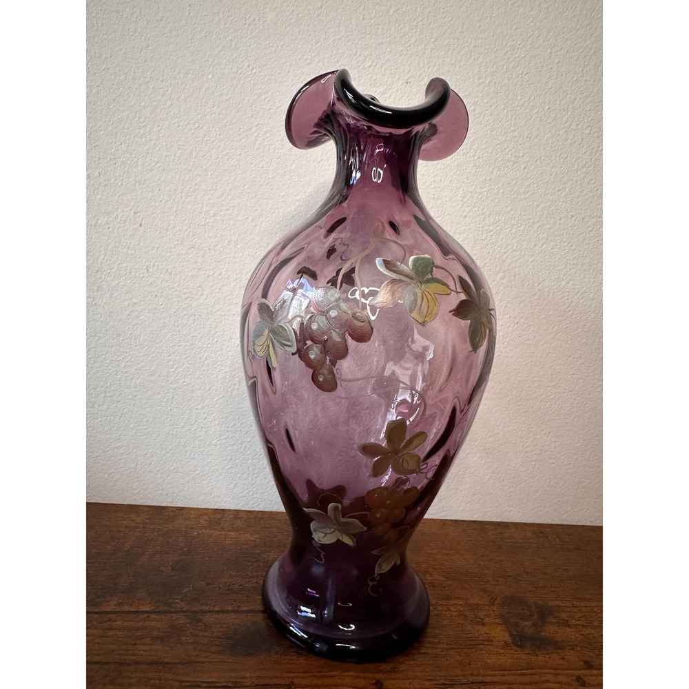 Fenton Amethyst Glass Vase Hand Painted Grapes Ruffled Signed C Smith Vintage